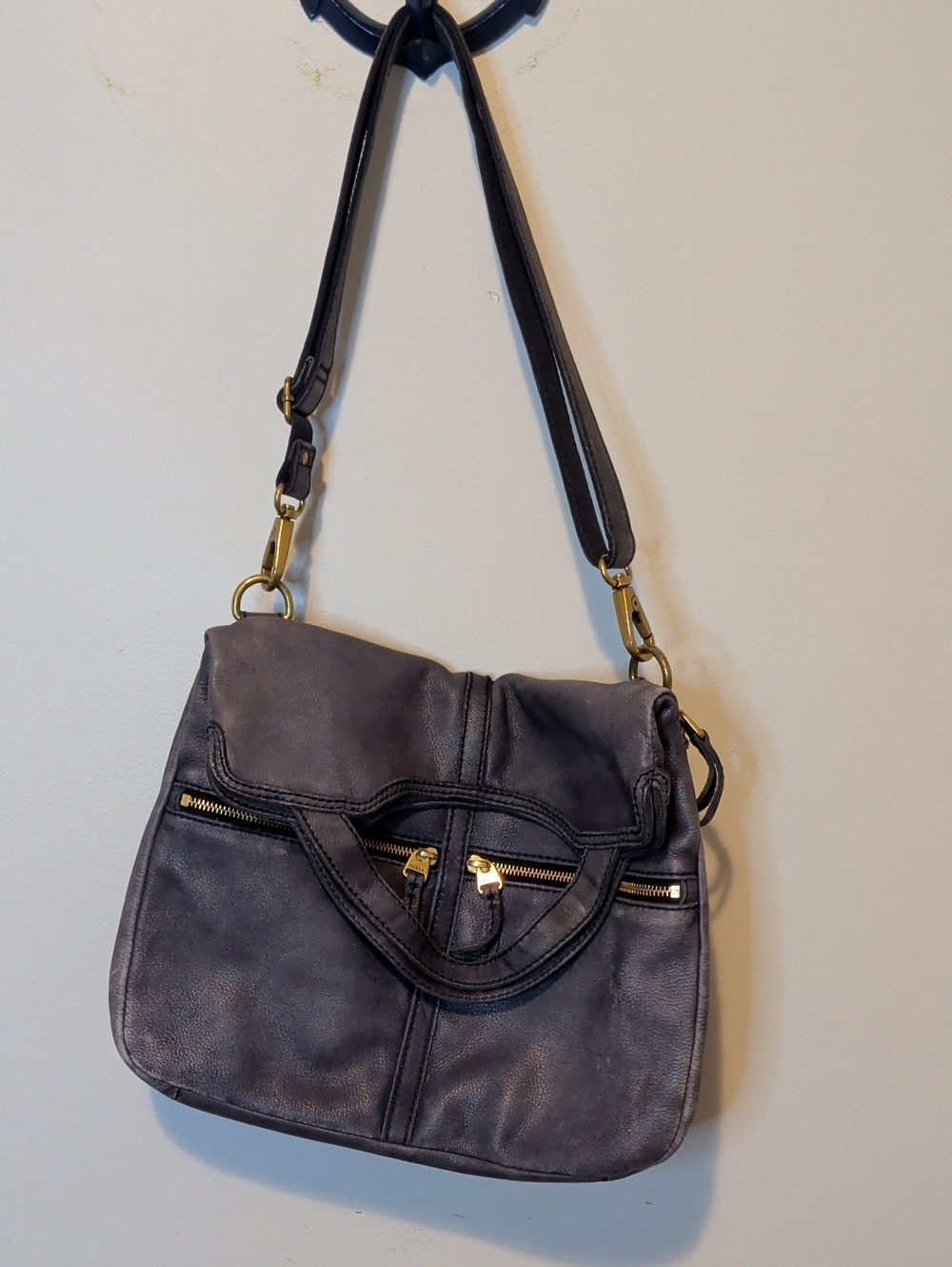Fossil Blue Leather Shoulder Bag with Gold Hardware